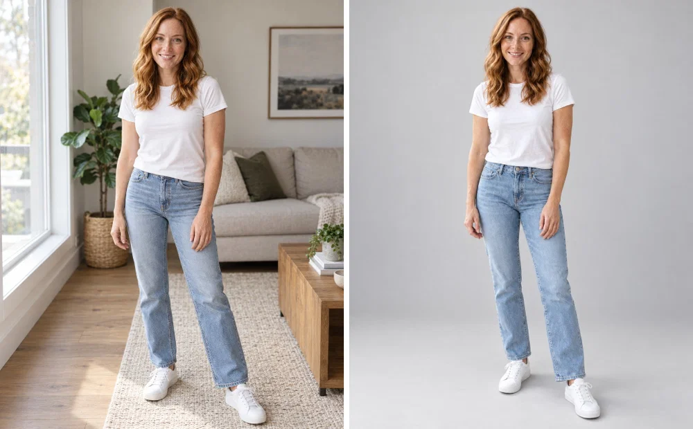 Before and after: the living room photo next to the AI edit with a seamless grey studio background