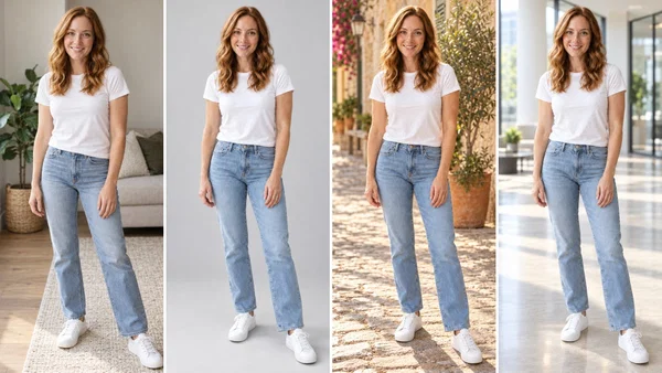The same photo of a woman with four backgrounds made with Postcrest: the original living room, a grey studio backdrop, a sunlit Mediterranean street and a modern office lobby
