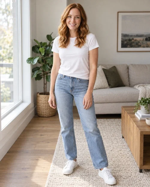 The original photo used for the AI background changes: a woman in a white t-shirt and jeans standing in a living room
