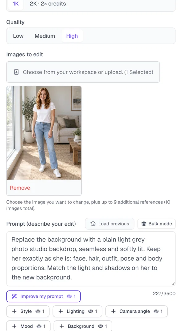 Edit Image in Postcrest set to GPT Image 2.5, 4:5, 1K, High quality, with the photo selected and the studio background prompt