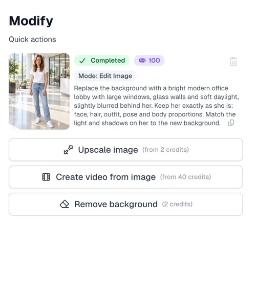 Quick actions in Postcrest for a saved image: Upscale image, Create video from image and Remove background for 2 credits