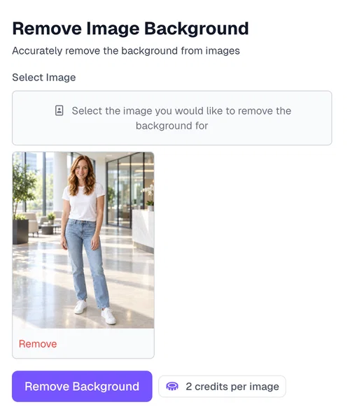 The Remove Image Background tool in Postcrest with the office photo preselected and the two-credit price