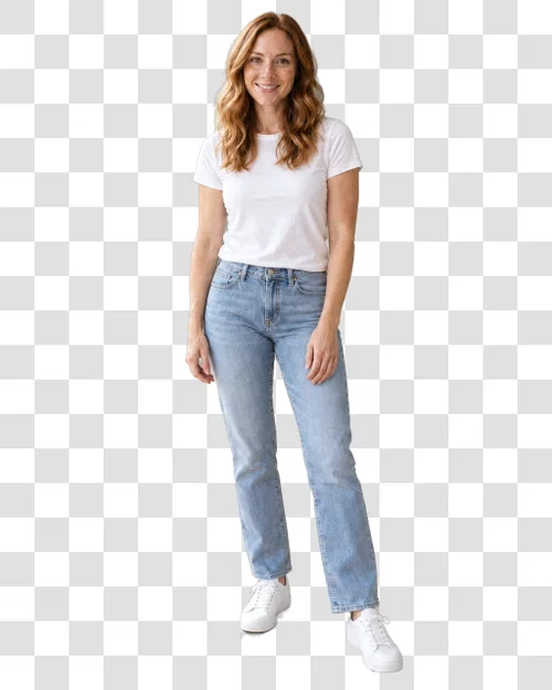 The transparent PNG cutout of the woman produced by Postcrest's background remover, shown on a checkerboard