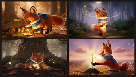 Four shots from an AI cartoon video made with Postcrest: a small fox in a blue scarf finds a glowing acorn, follows fireflies, plants it and watches it sprout