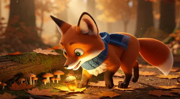 Shot 1 of the AI cartoon: Pip the fox discovers a glowing acorn in an autumn forest