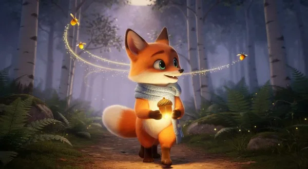 Shot 2 of the AI cartoon: Pip follows a trail of fireflies at twilight holding the acorn