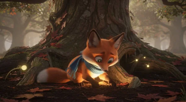 Shot 3 of the AI cartoon: Pip plants the glowing acorn under an ancient oak tree