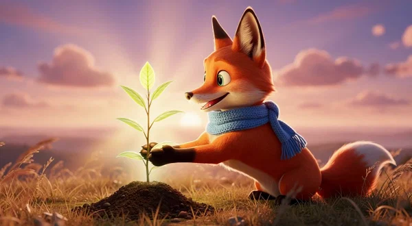 Shot 4 of the AI cartoon: a glowing sapling sprouts at sunset while Pip watches