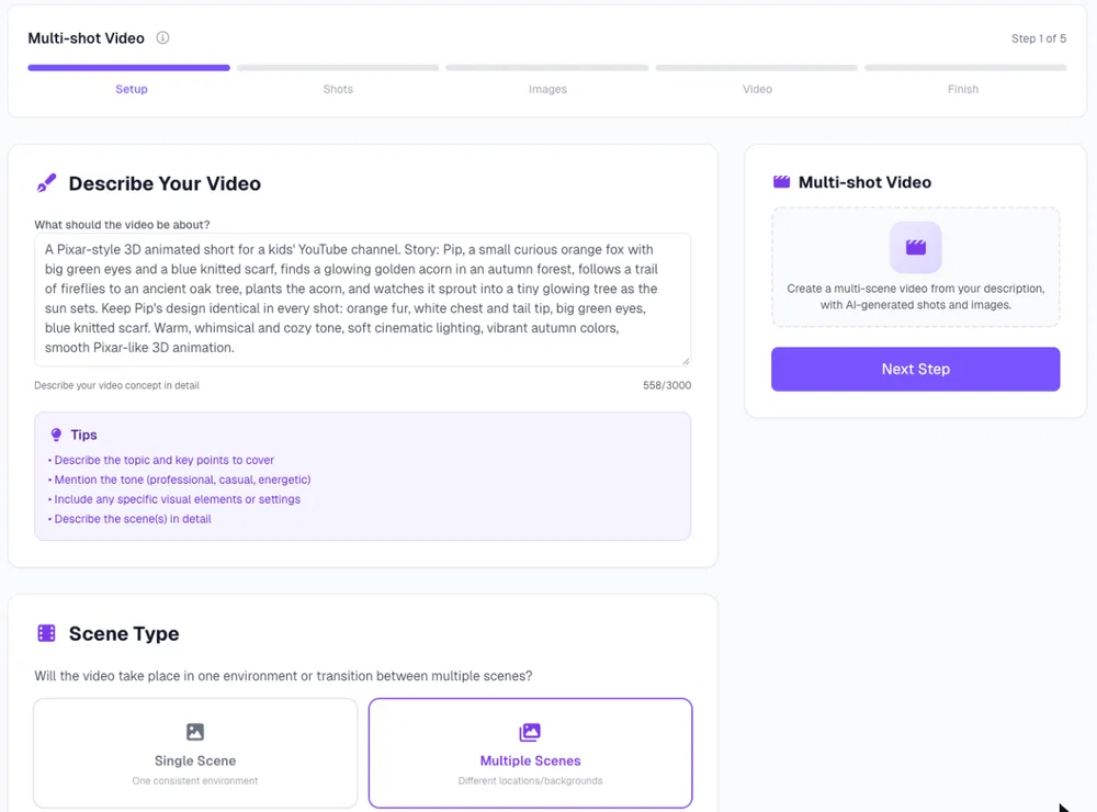 Multi-shot Video setup in Postcrest with the cartoon story description for Pip the fox filled in