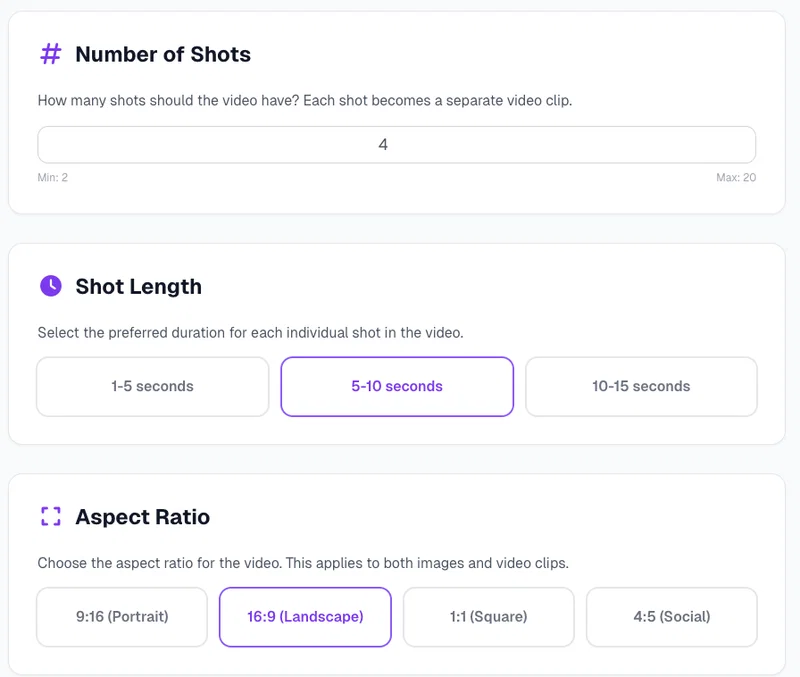 Number of shots, shot length and aspect ratio settings in Postcrest's Multi-shot Video workflow