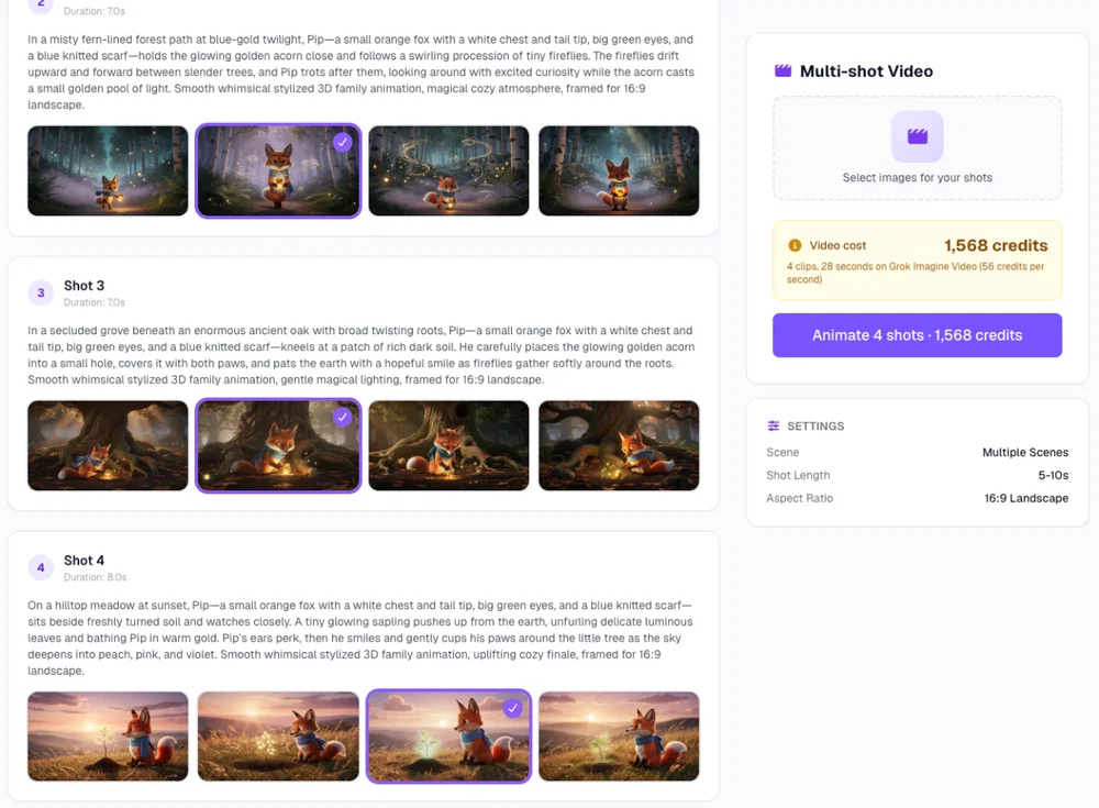 Four image candidates per shot in Postcrest's Multi-shot Video workflow, one selected for each shot, with the video cost shown before animating