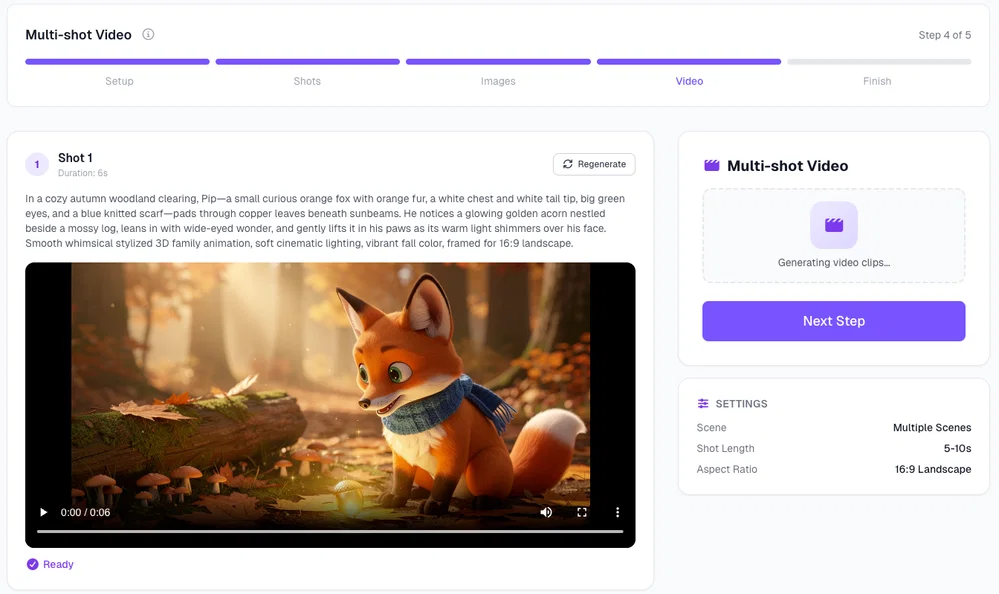 Animated video clip of shot 1 in Postcrest: Pip the fox in an autumn forest, marked ready