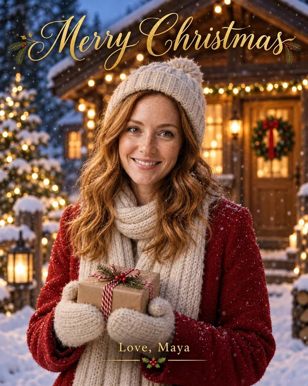 AI Christmas card with Merry Christmas and Love, Maya in gold lettering, woman in a red coat and knit beanie holding a present in front of a snowy cabin