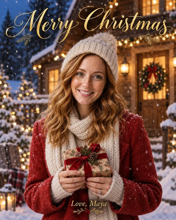 Second AI Christmas card version with gold Merry Christmas lettering, a wrapped present and a wreath on the cabin door