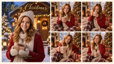 AI Christmas card with Merry Christmas lettering and four AI Christmas photos of the same woman by a Christmas tree, made with Postcrest