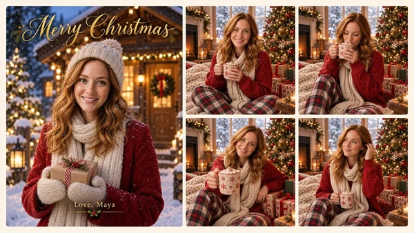 AI Christmas card with Merry Christmas lettering and four AI Christmas photos of the same woman by a Christmas tree, made with Postcrest