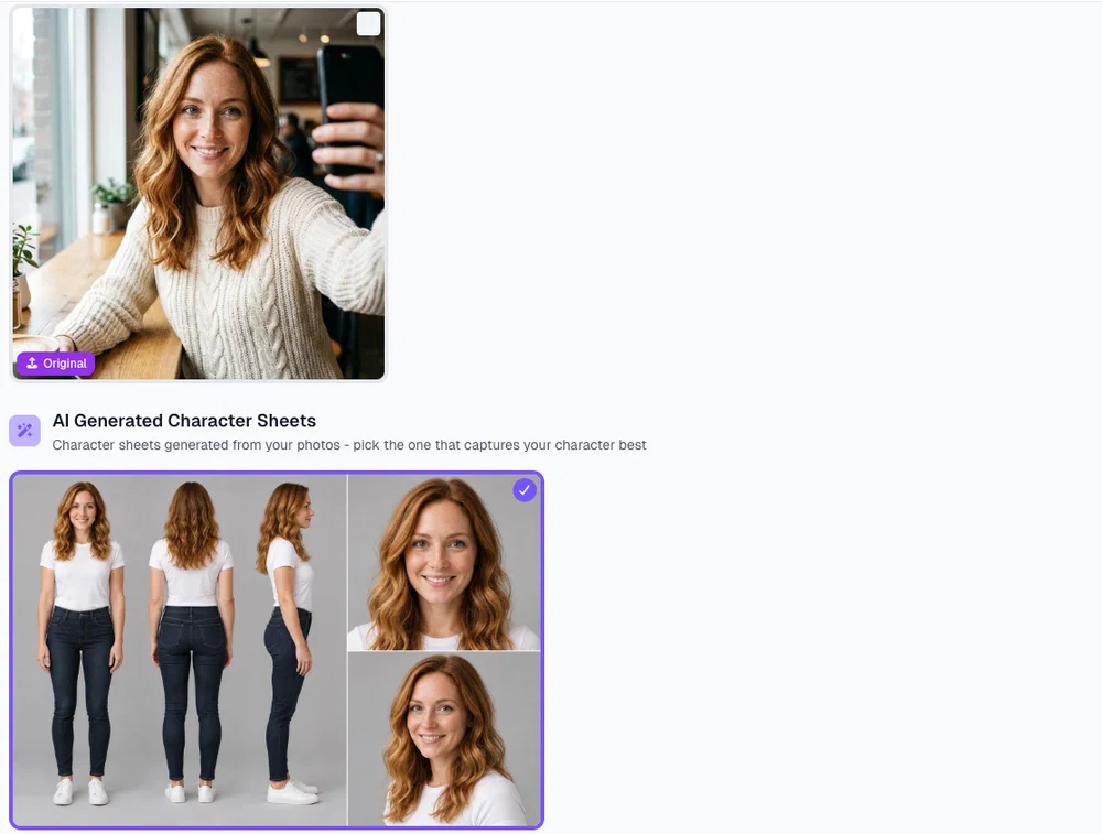 A selfie and the AI character sheet generated from it in Postcrest, with front, back, side and face views
