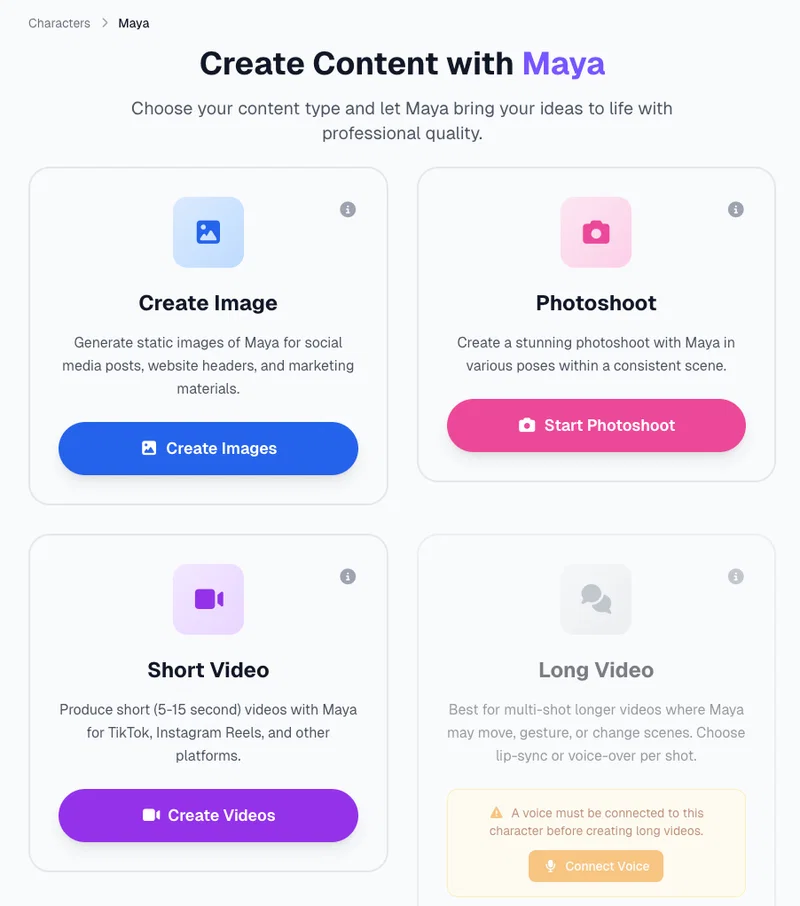 Create Content with Maya page in Postcrest with Create Image, Photoshoot, Short Video and Long Video options