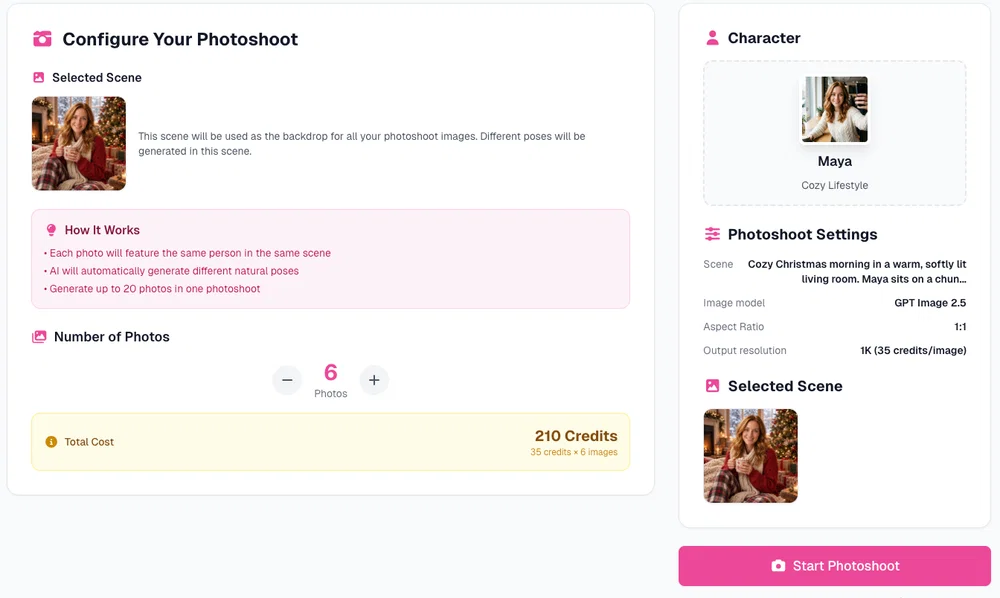 Configure Your Photoshoot step in Postcrest with the selected Christmas scene and six photos selected