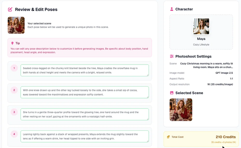 Review and Edit Poses step in Postcrest with AI-written pose descriptions for each Christmas photo