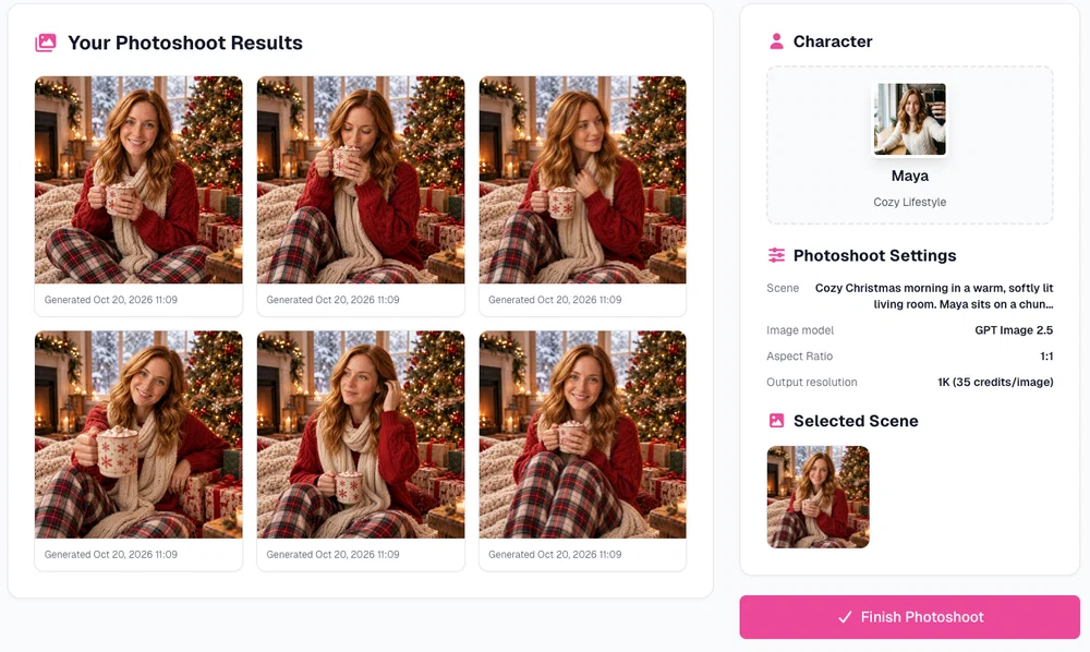 Six AI Christmas photoshoot results of Maya in Postcrest, same scene with different poses
