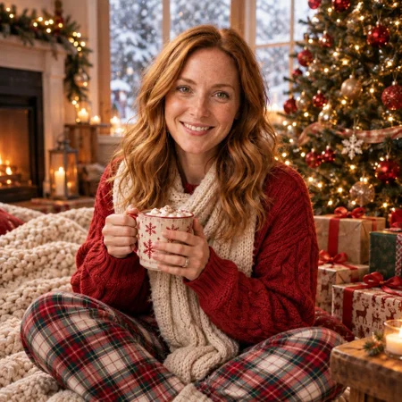 AI Christmas photo: woman in a red sweater holding hot cocoa by the Christmas tree