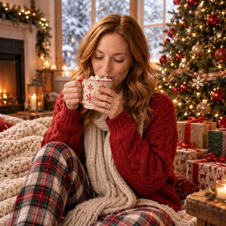 AI Christmas photo: sipping hot cocoa by the fireplace and tree