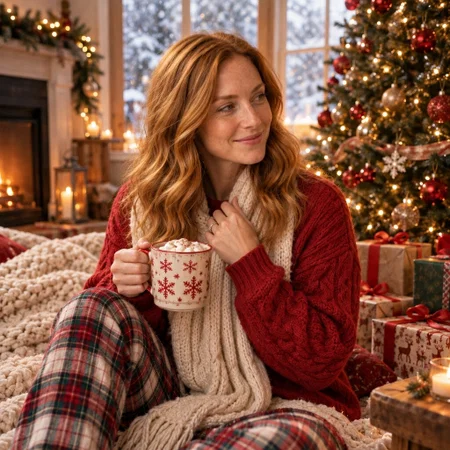 AI Christmas photo: looking at the tree with a nostalgic smile