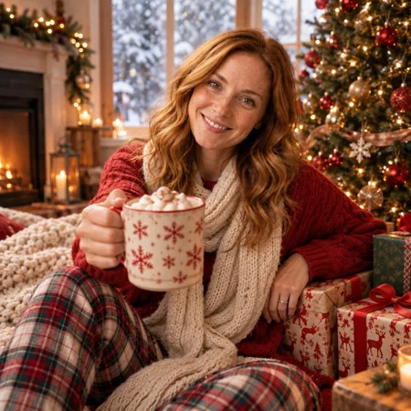 AI Christmas photo: offering a snowflake mug toward the camera
