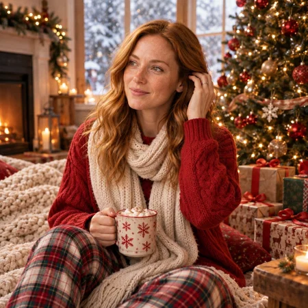 AI Christmas photo: tucking hair behind her ear next to wrapped presents