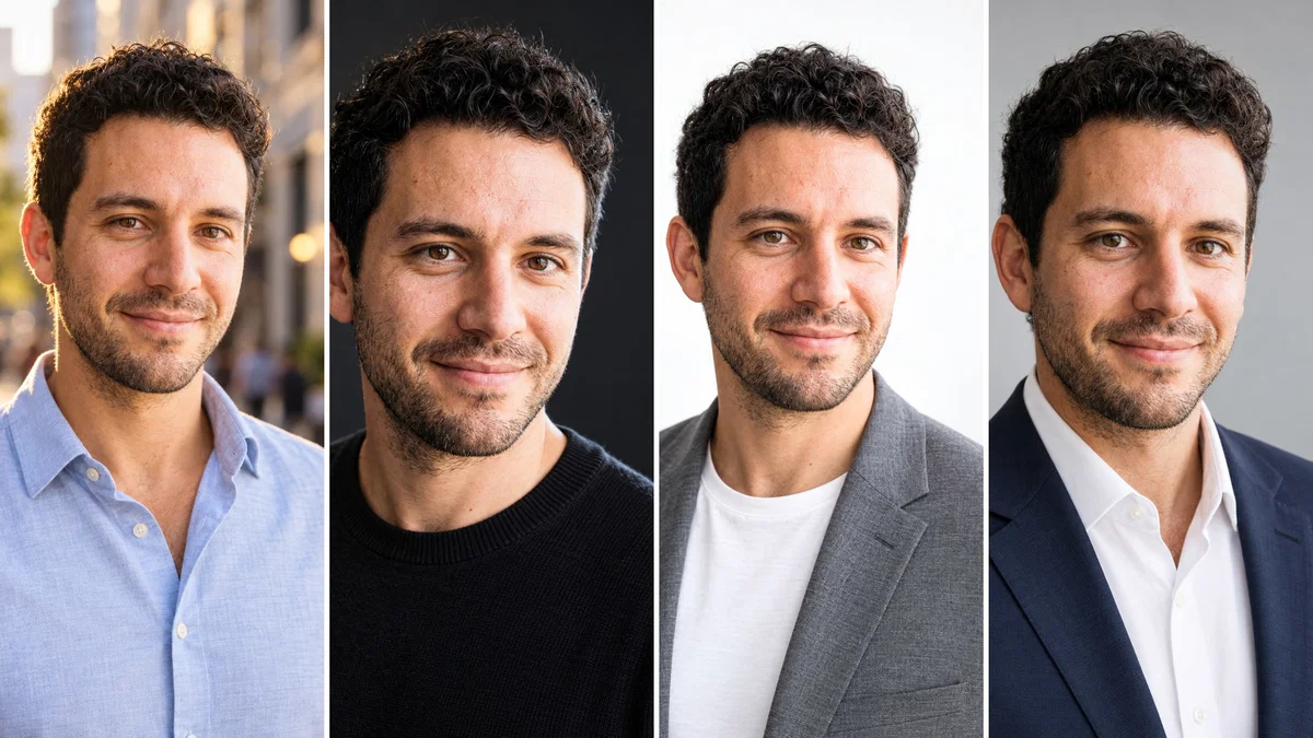 Four AI headshots made from one selfie with Postcrest: outdoor city street, charcoal studio in a black sweater, white background in a grey blazer and a navy suit on light grey