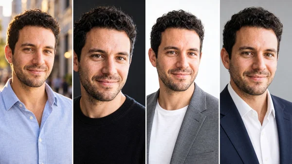 Four AI headshots made from one selfie with Postcrest: outdoor city street, charcoal studio in a black sweater, white background in a grey blazer and a navy suit on light grey