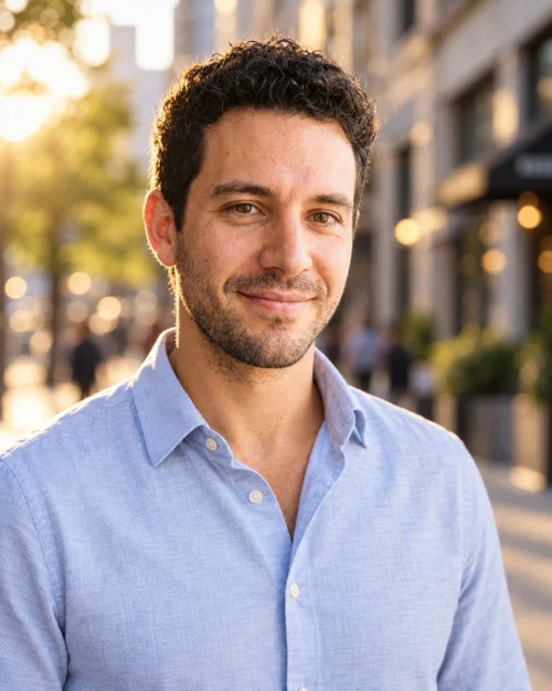 AI outdoor headshot in a light blue button-down shirt with a blurred city street in warm afternoon light