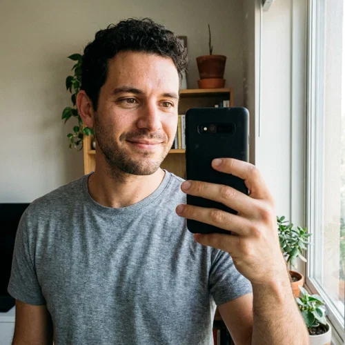 The casual mirror selfie used as the reference photo for the AI headshots
