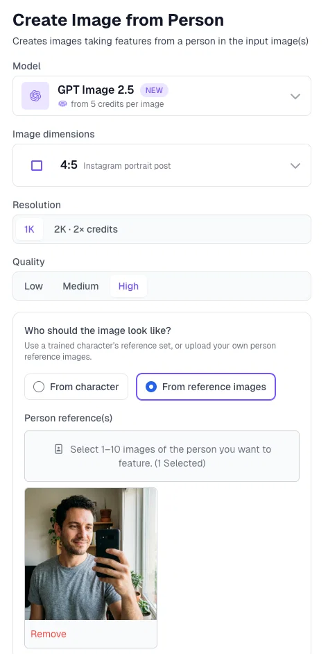Create Image from Person in Postcrest set to GPT Image 2.5, 4:5, 1K, High quality, with the reference selfie selected
