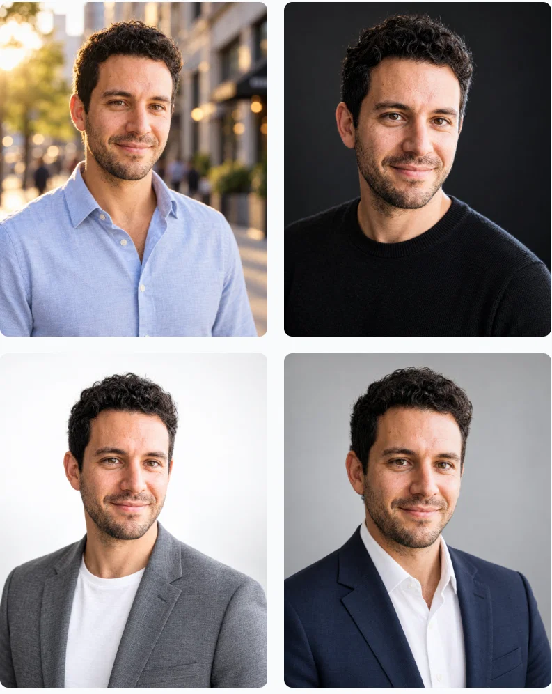 Four AI headshots of the same man in the Postcrest workspace: outdoor city street, charcoal studio, white background and navy suit
