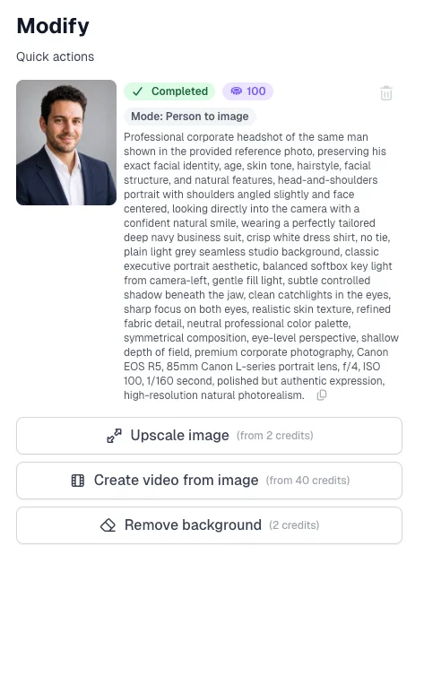 Quick actions in Postcrest for a saved headshot: Upscale image, Create video from image and Remove background