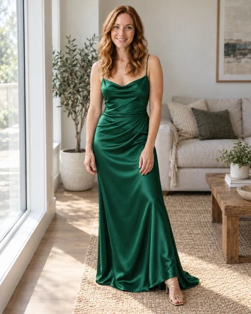 The same photo edited with AI into a floor-length emerald green satin evening gown and gold heels, same pose and room