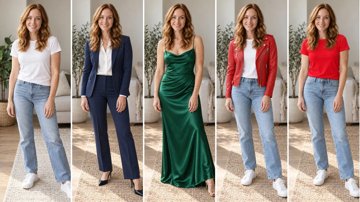 The same photo of a woman in a living room with five outfits made with Postcrest: the original white t-shirt and jeans, a navy pantsuit, an emerald satin gown, a red leather jacket from a product photo and a red t-shirt