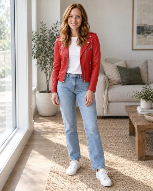 The product photo of a red leather biker jacket and the AI try-on result with the jacket worn open over the white t-shirt