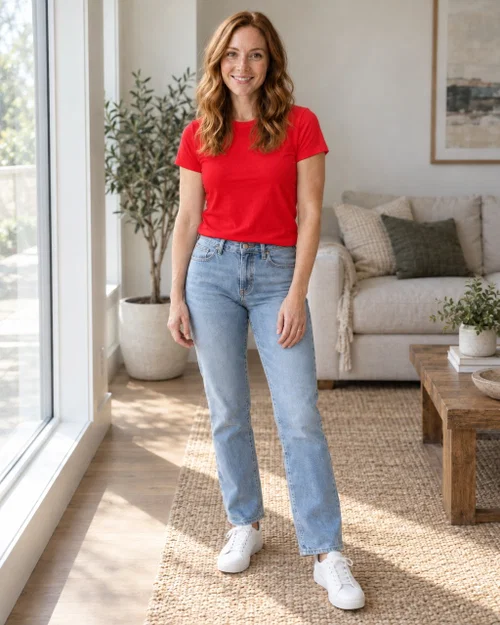 The same photo with only the t-shirt changed from white to bright red by AI, jeans and sneakers untouched