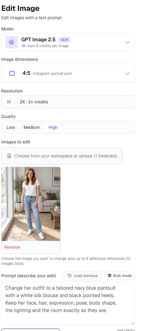 Edit Image in Postcrest set to GPT Image 2.5, 4:5, 1K, High quality, with the photo selected and the pantsuit prompt entered