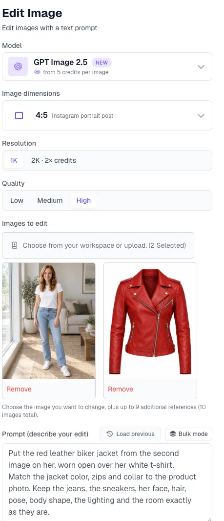Edit Image in Postcrest with two images selected, the photo to edit and a product photo of a red leather jacket, and the try-on prompt