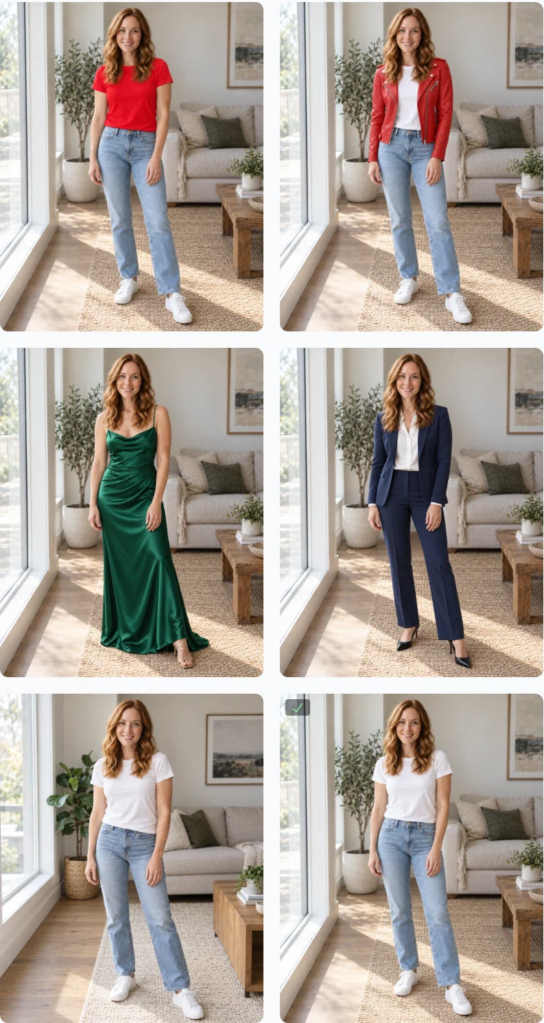 The Postcrest workspace showing the original photo and four AI outfit edits: red t-shirt, red leather jacket, emerald gown and navy pantsuit