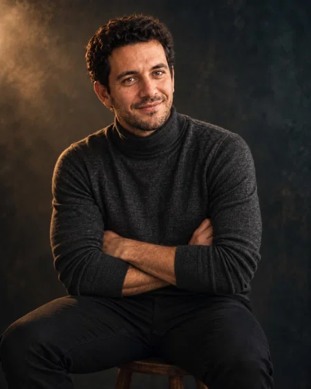 AI cinematic portrait with arms crossed on a wooden stool
