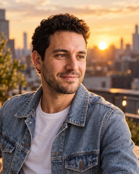 AI golden hour portrait on a city rooftop in a denim jacket