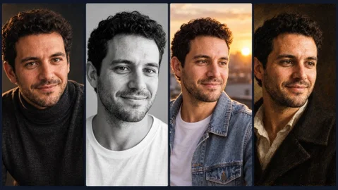 Four AI portraits of the same man made with Postcrest: cinematic close-up, black and white studio, golden hour rooftop and classical oil painting