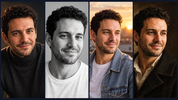 Four AI portraits of the same man made with Postcrest: cinematic close-up, black and white studio, golden hour rooftop and classical oil painting