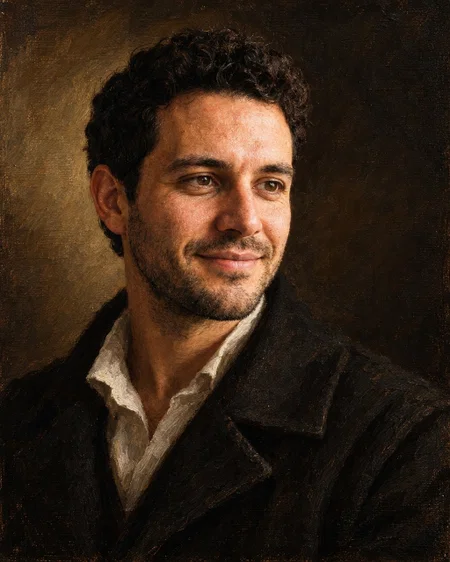 AI oil painting portrait in the style of a classical old master, dark coat and white shirt collar