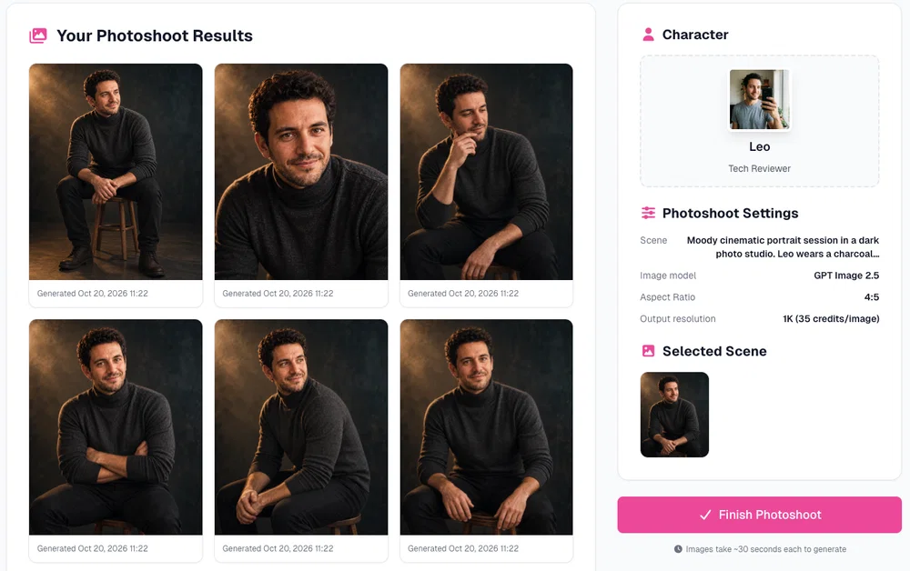 Six AI portrait photoshoot results of Leo in Postcrest with different poses in the same cinematic studio light
